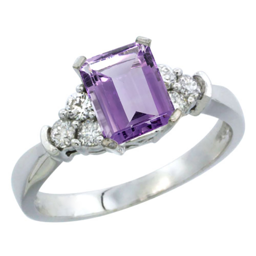 14K White Gold Natural Amethyst Ring Octagon 7x5mm Diamond Accent, sizes 5-10
