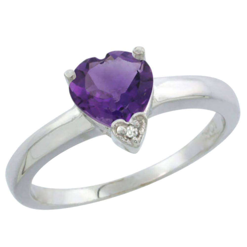 14K White Gold Natural Amethyst Heart 7x7mm Diamond Accent, sizes 5-10