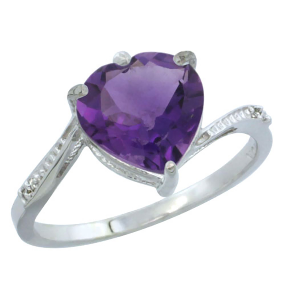 14K White Gold Natural Amethyst Ring Heart 9x9mm Diamond Accent, sizes 5-10