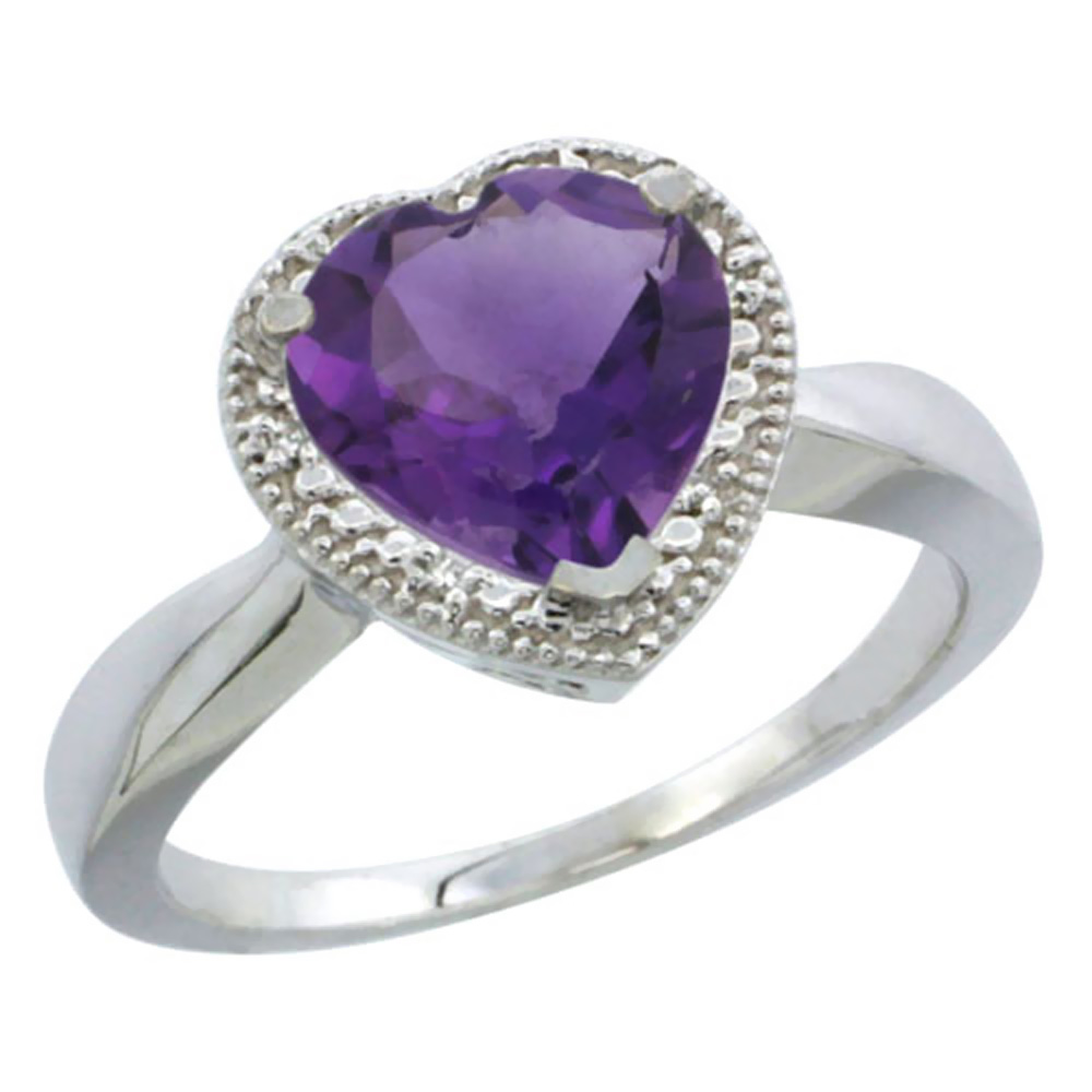 14K White Gold Natural Amethyst Ring Heart 8x8mm Diamond Accent, sizes 5-10