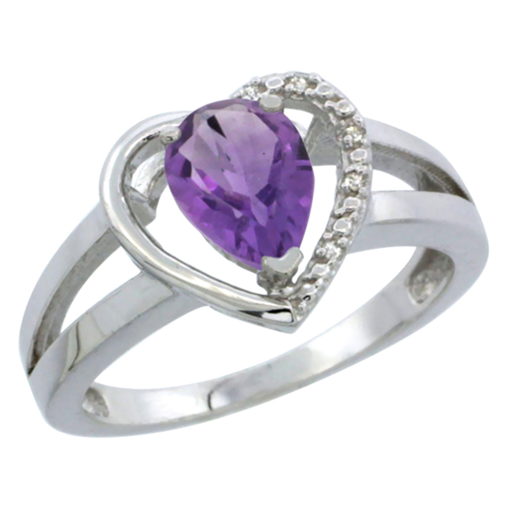 14K White Gold Natural Amethyst Heart Ring Pear 7x5 mm Diamond Accent, sizes 5-10