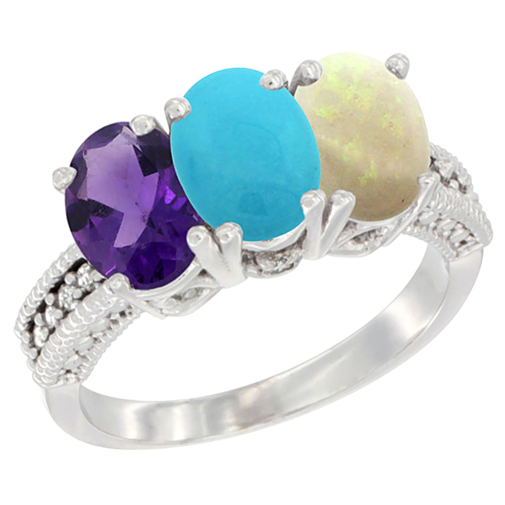 14K White Gold Natural Amethyst, Turquoise & Opal Ring 3-Stone 7x5 mm Oval Diamond Accent, sizes 5 - 10