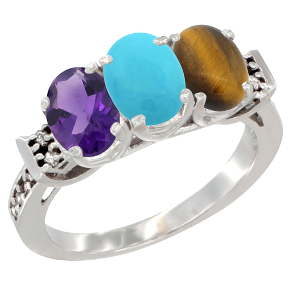 10K White Gold Natural Amethyst, Turquoise & Tiger Eye Ring 3-Stone Oval 7x5 mm Diamond Accent, sizes 5 - 10