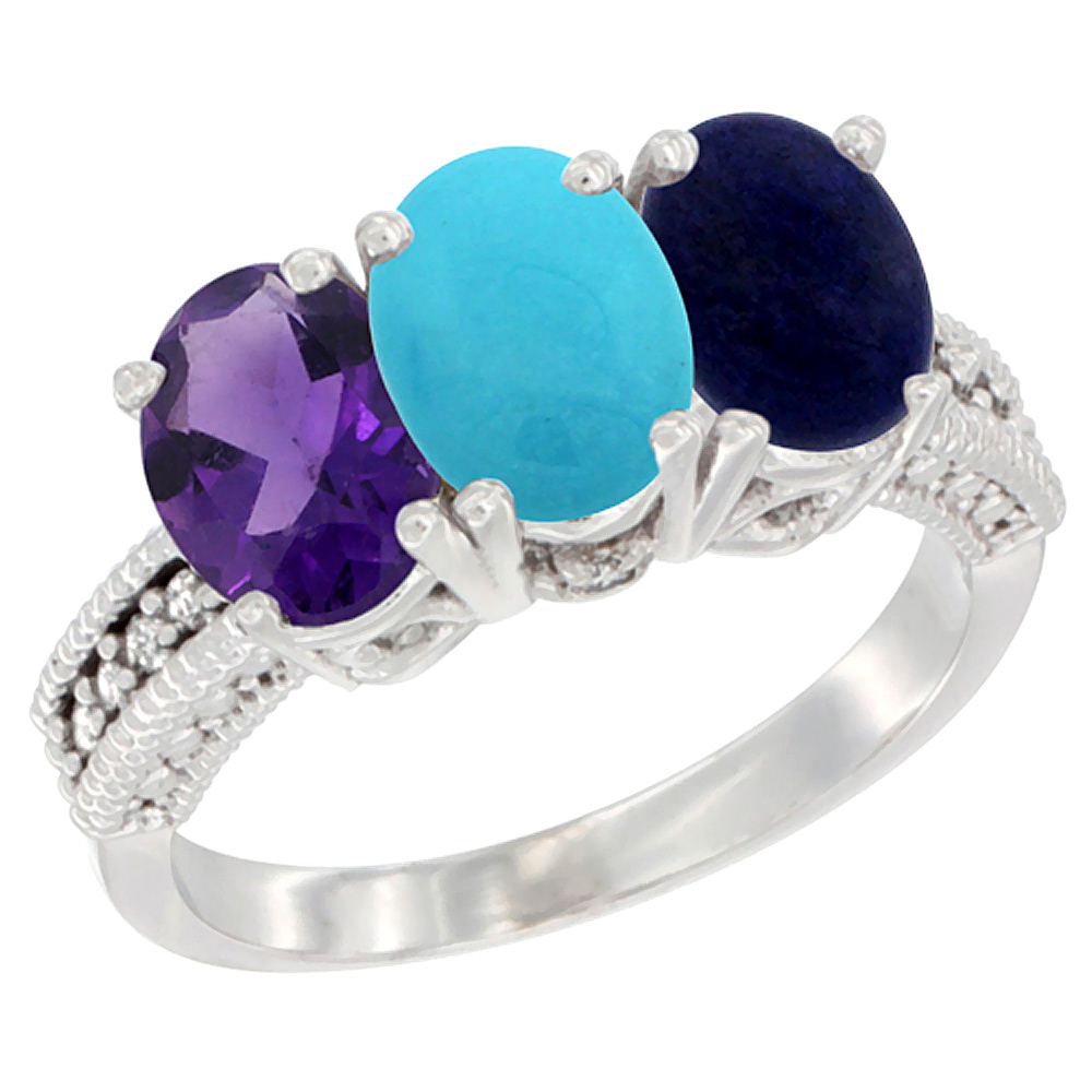 10K White Gold Natural Amethyst, Turquoise & Lapis Ring 3-Stone Oval 7x5 mm Diamond Accent, sizes 5 - 10