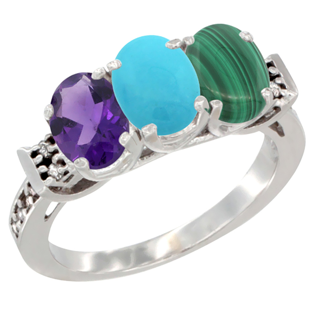 14K White Gold Natural Amethyst, Turquoise & Malachite Ring 3-Stone 7x5 mm Oval Diamond Accent, sizes 5 - 10