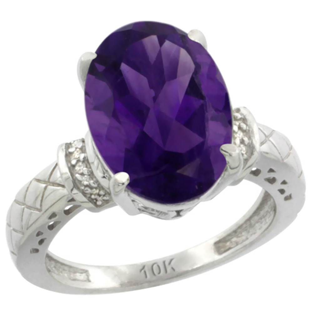 14K White Gold Diamond Natural Amethyst Ring Oval 14x10mm, sizes 5-10
