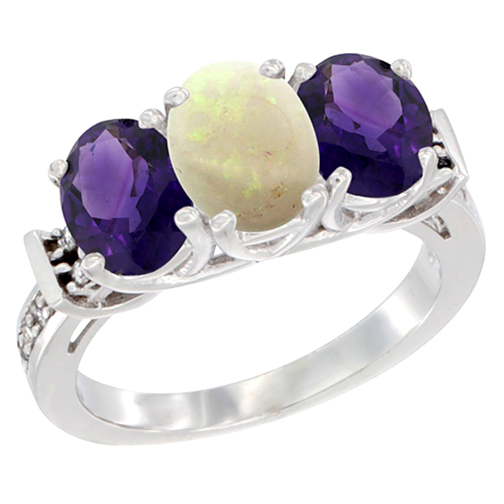 10K White Gold Natural Opal & Amethyst Sides Ring 3-Stone Oval Diamond Accent, sizes 5 - 10