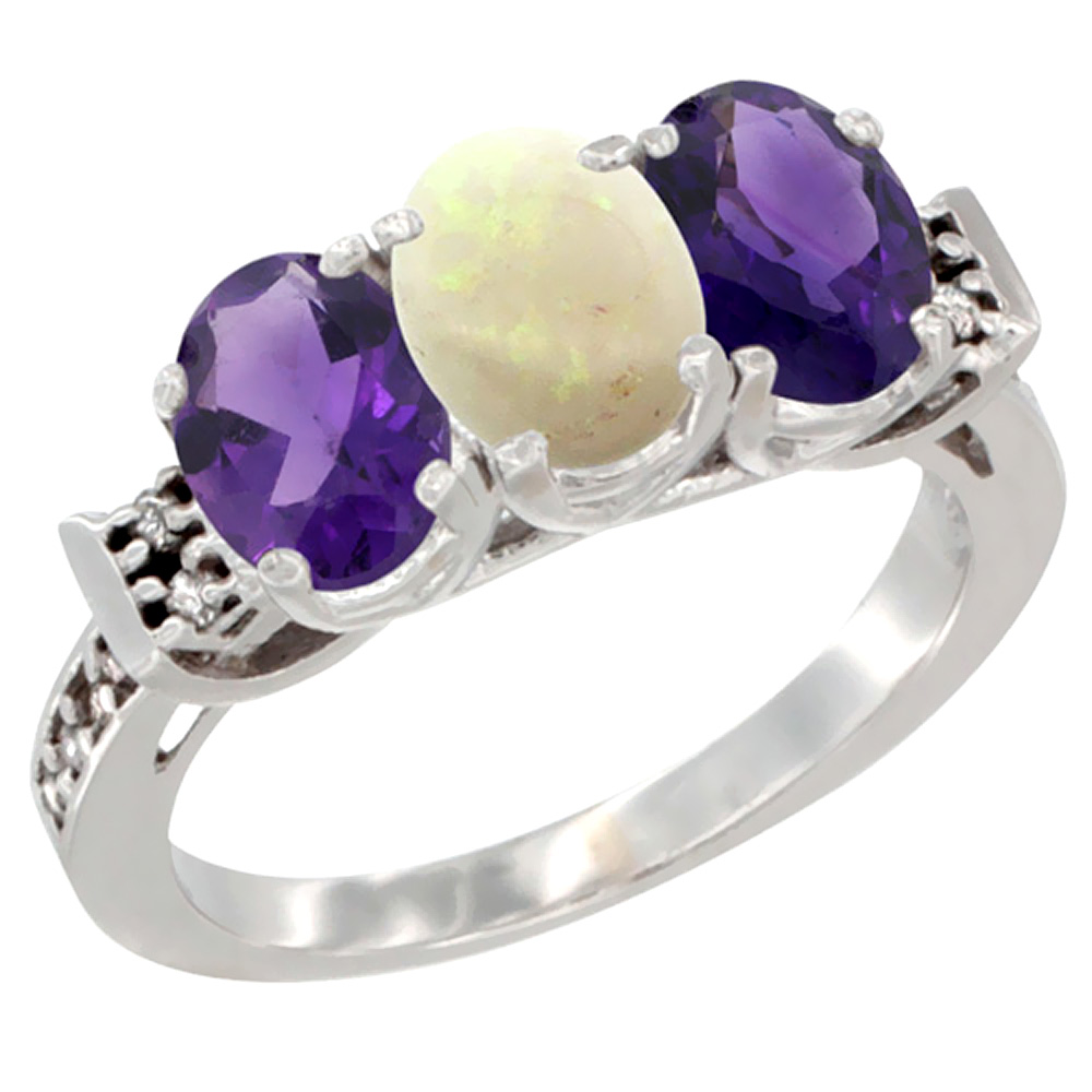 10K White Gold Natural Opal & Amethyst Sides Ring 3-Stone Oval 7x5 mm Diamond Accent, sizes 5 - 10