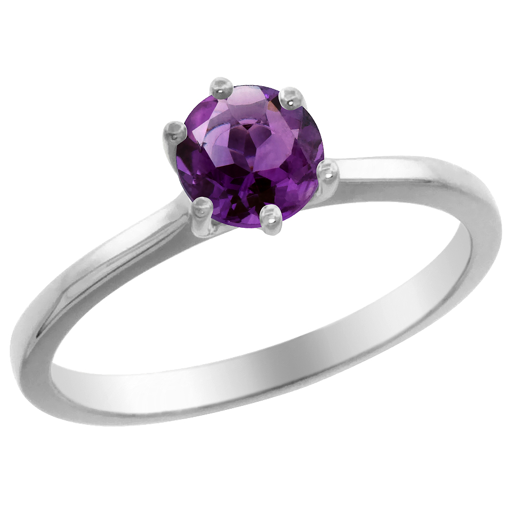 14K White Gold Natural Amethyst Solitaire Ring Round 6mm, sizes 5 - 10