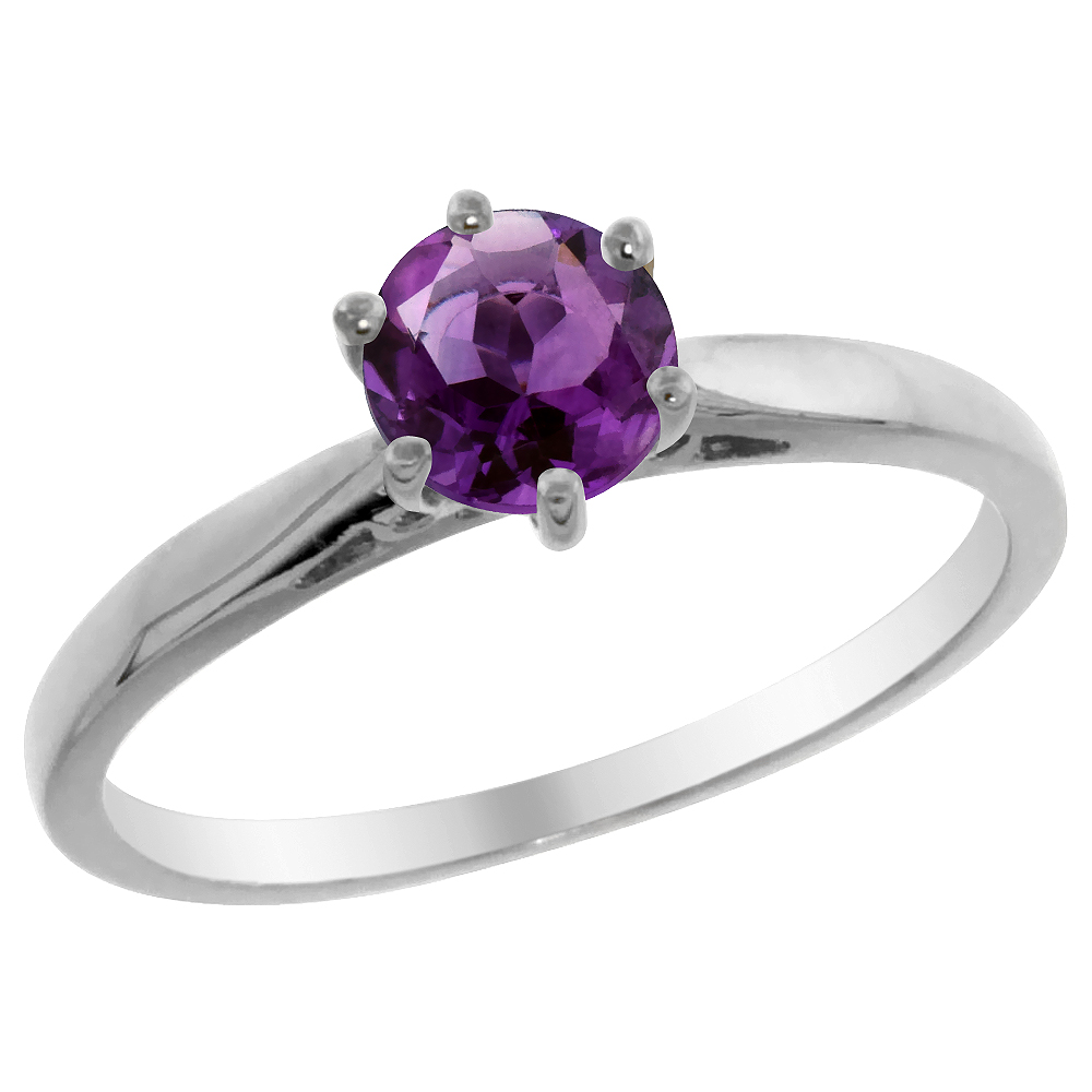 14K White Gold Natural Amethyst Solitaire Ring Round 5mm, sizes 5 - 10