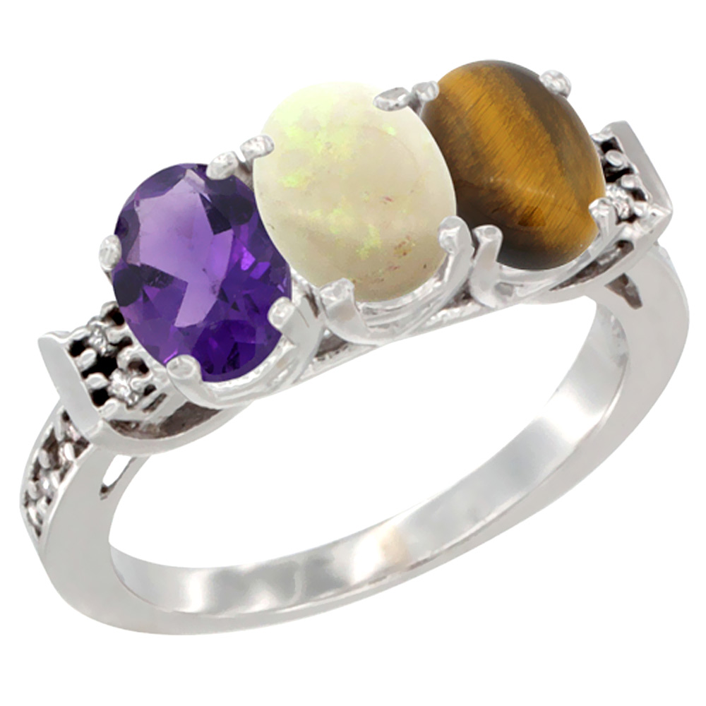 10K White Gold Natural Amethyst, Opal & Tiger Eye Ring 3-Stone Oval 7x5 mm Diamond Accent, sizes 5 - 10