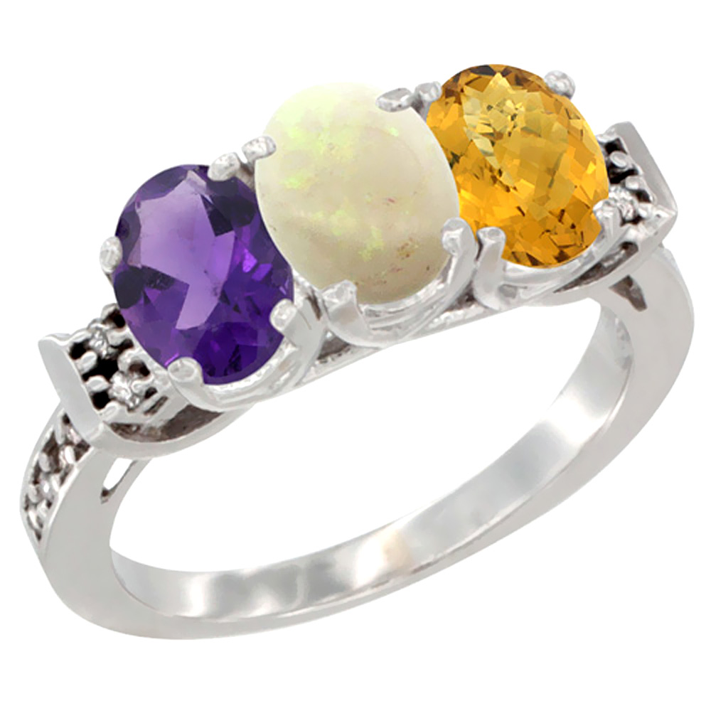 10K White Gold Natural Amethyst, Opal & Whisky Quartz Ring 3-Stone Oval 7x5 mm Diamond Accent, sizes 5 - 10