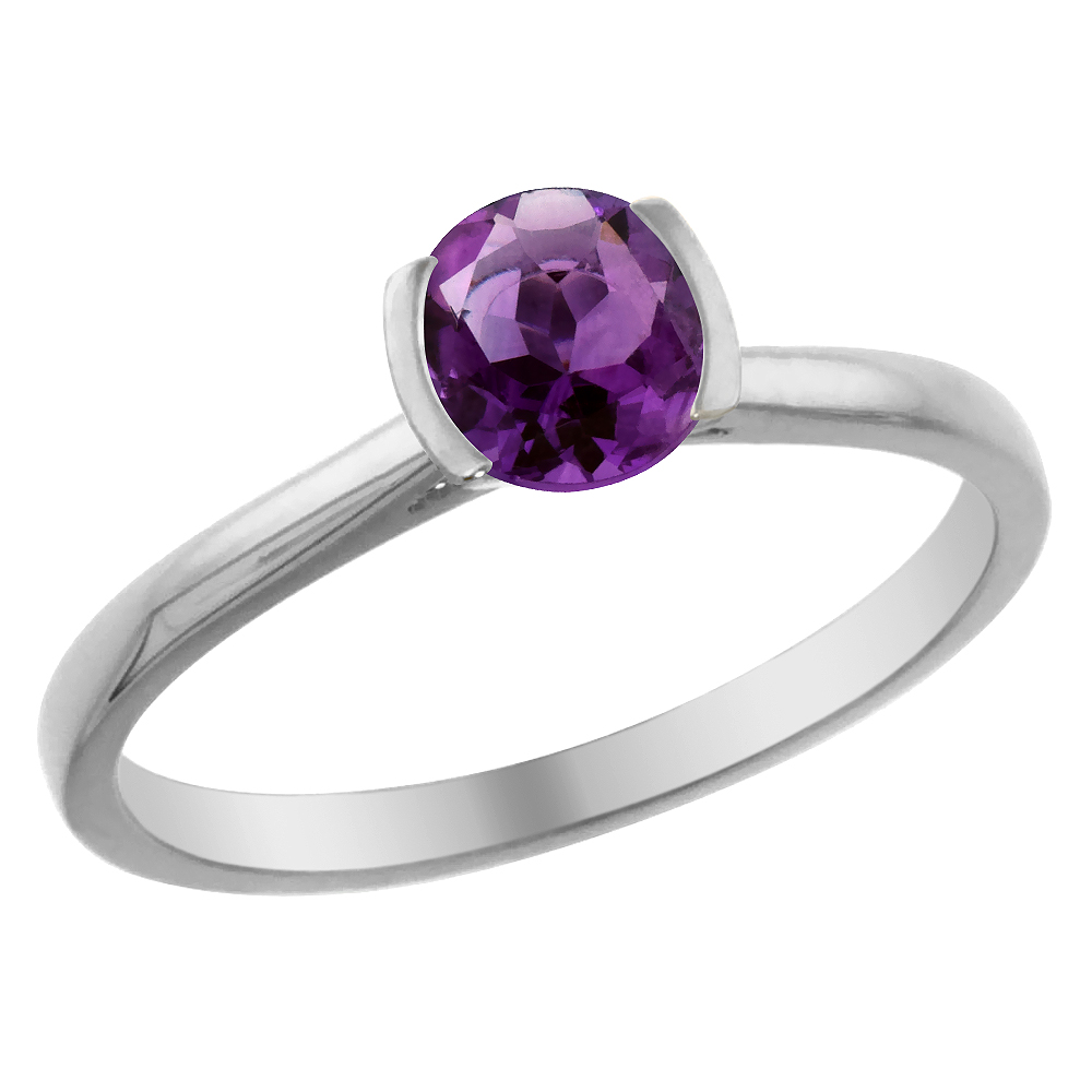 14K White Gold Natural Amethyst Solitaire Ring Round 5mm, sizes 5 - 10
