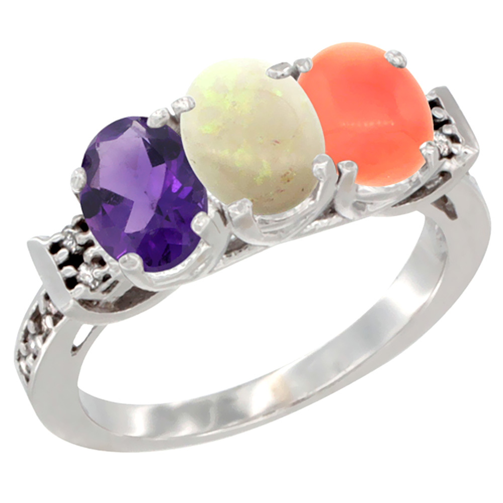 10K White Gold Natural Amethyst, Opal & Coral Ring 3-Stone Oval 7x5 mm Diamond Accent, sizes 5 - 10