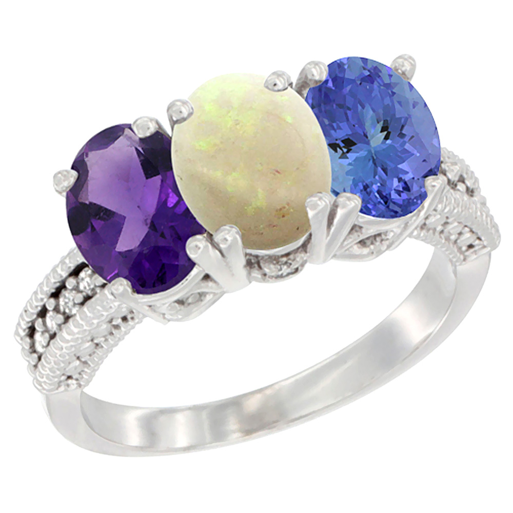 10K White Gold Natural Amethyst, Opal & Tanzanite Ring 3-Stone Oval 7x5 mm Diamond Accent, sizes 5 - 10