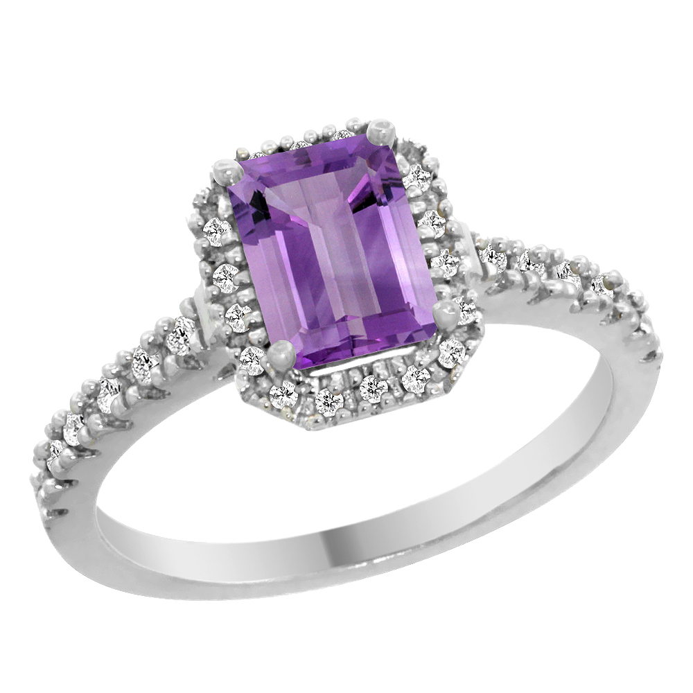 14K White Gold Natural Amethyst Engagement Ring Octagon 7x5 mm Diamond Accents, sizes 5 - 10
