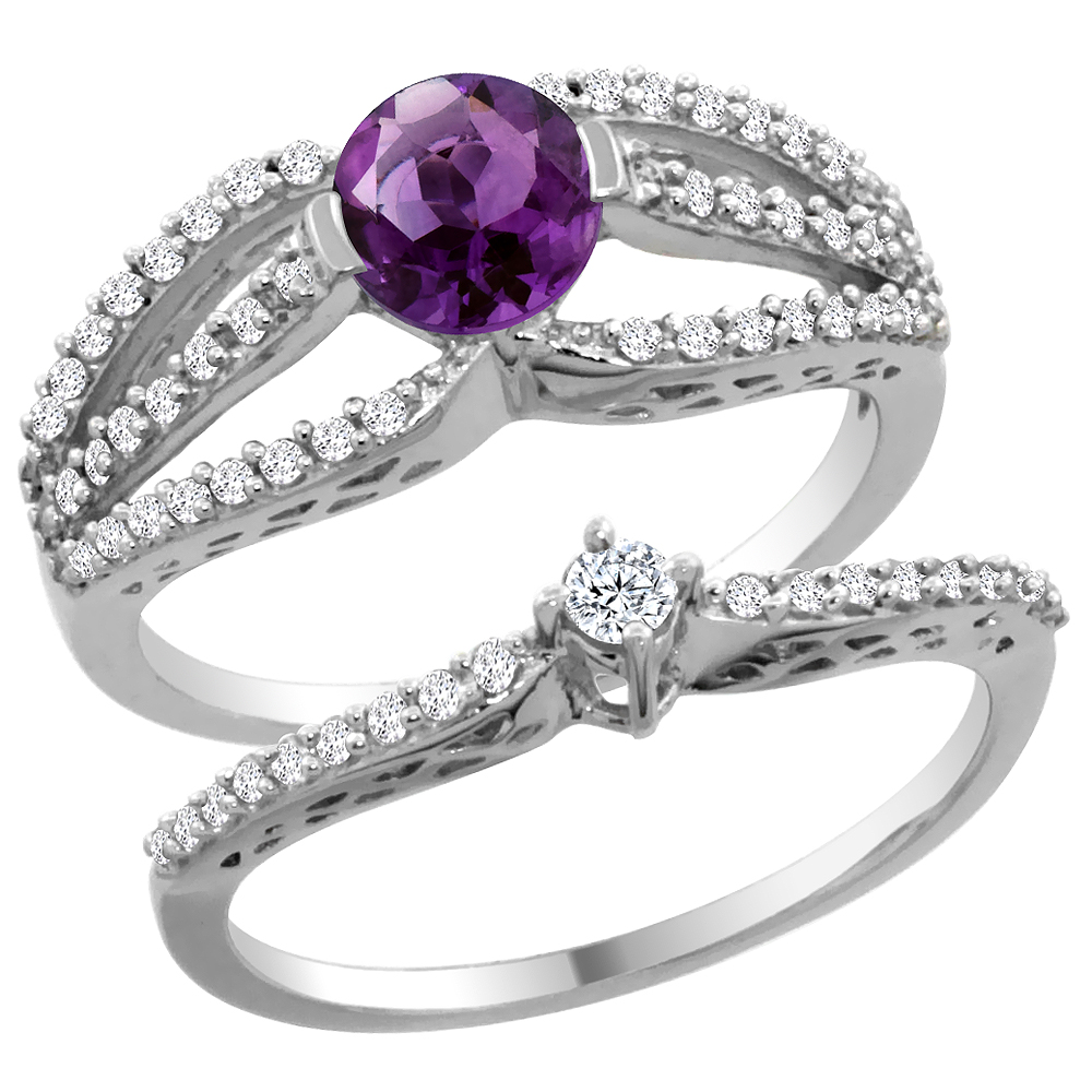 14K White Gold Natural Amethyst 2-piece Engagement Ring Set Round 5mm, sizes 5 - 10