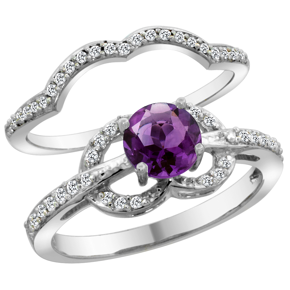 14K White Gold Natural Amethyst 2-piece Engagement Ring Set Round 6mm, sizes 5 - 10
