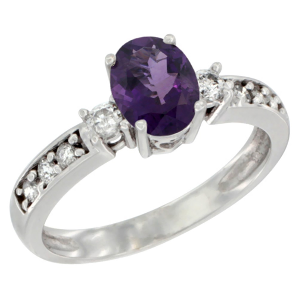 14K White Gold Natural Amethyst Ring Oval 7x5 mm Diamond Accent, sizes 5 - 10