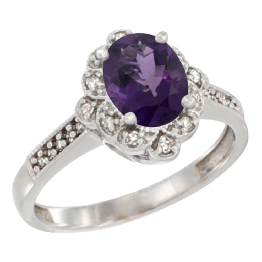 14K White Gold Natural Amethyst Ring Oval 8x6 mm Floral Diamond Halo, sizes 5 - 10
