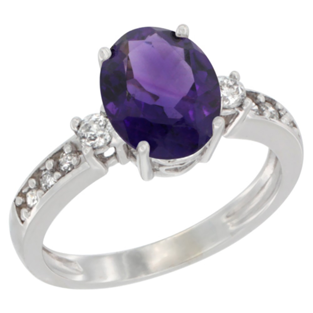 14K White Gold Natural Amethyst Ring Oval 9x7 mm Diamond Accent, sizes 5 - 10