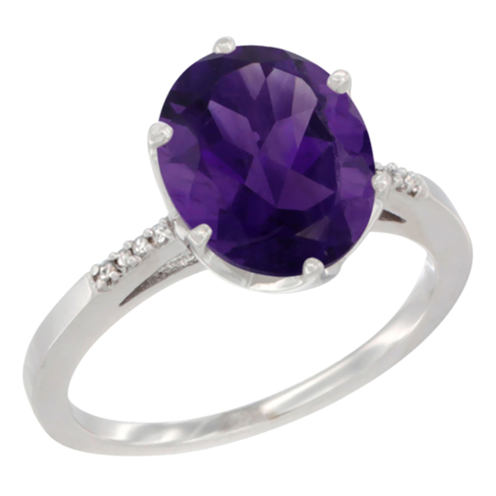 14K White Gold Natural Amethyst Engagement Ring 10x8 mm Oval, sizes 5 - 10