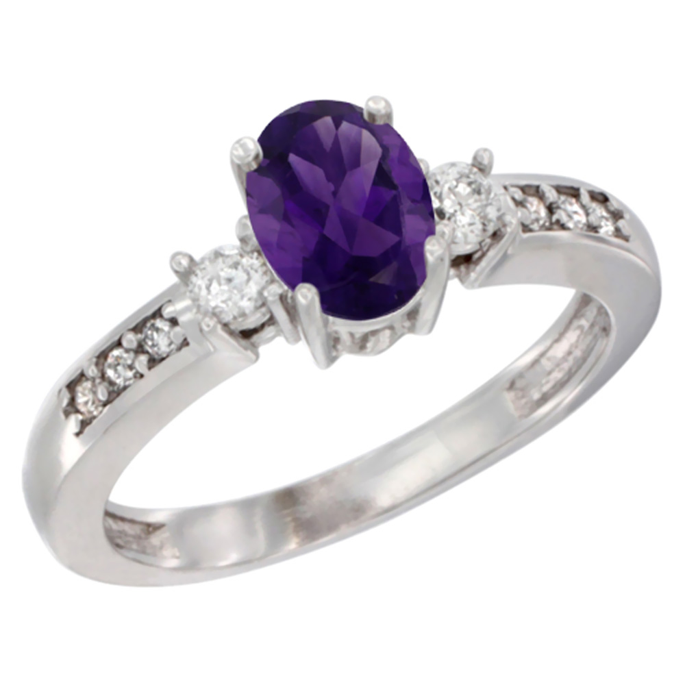 14K White Gold Diamond Natural Amethyst Engagement Ring Oval 7x5 mm, sizes 5 - 10