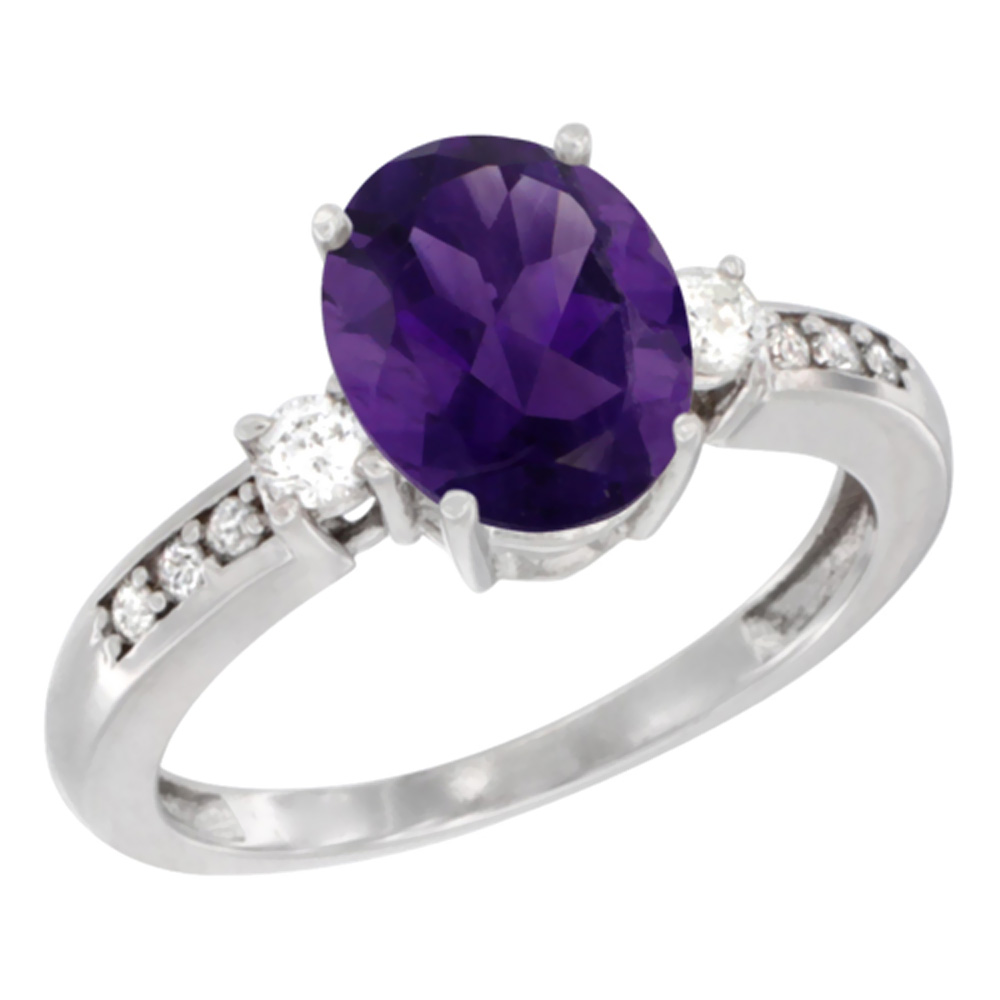 14K White Gold Natural Amethyst Ring Oval 9x7 mm Diamond Accent, sizes 5 - 10