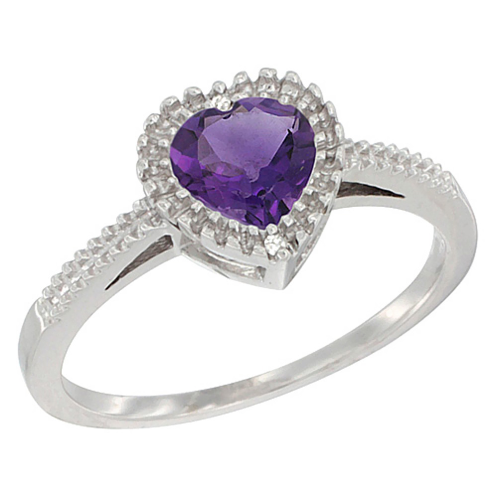 14K White Gold Natural Amethyst Ring Heart 6x6 mm, sizes 5 - 10