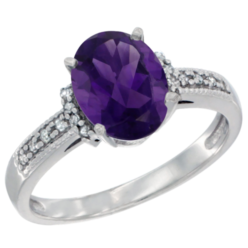 10K White Gold Genuine Amethyst Ring Oval 9x7 mm Diamond Accent sizes 5 - 10