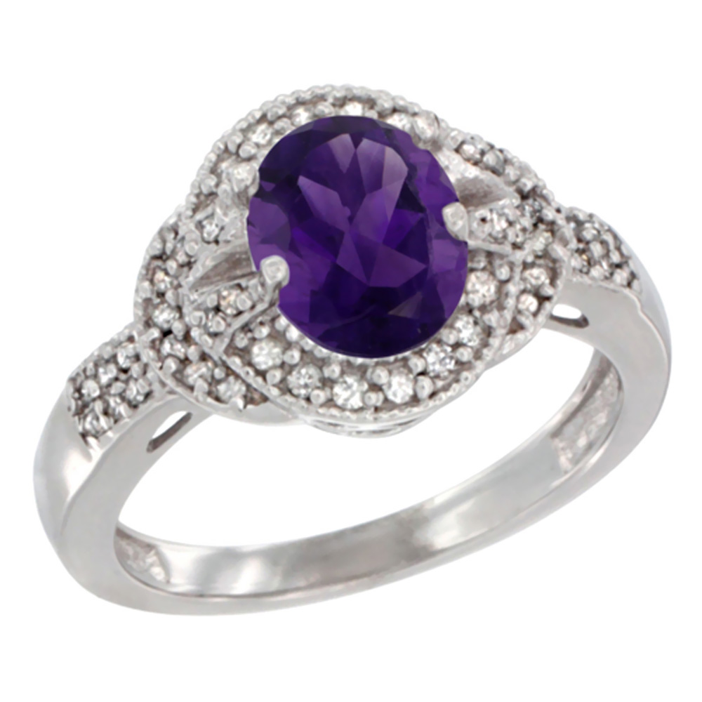 14K White Gold Natural Amethyst Ring Oval 8x6 mm Diamond Accent, sizes 5 - 10