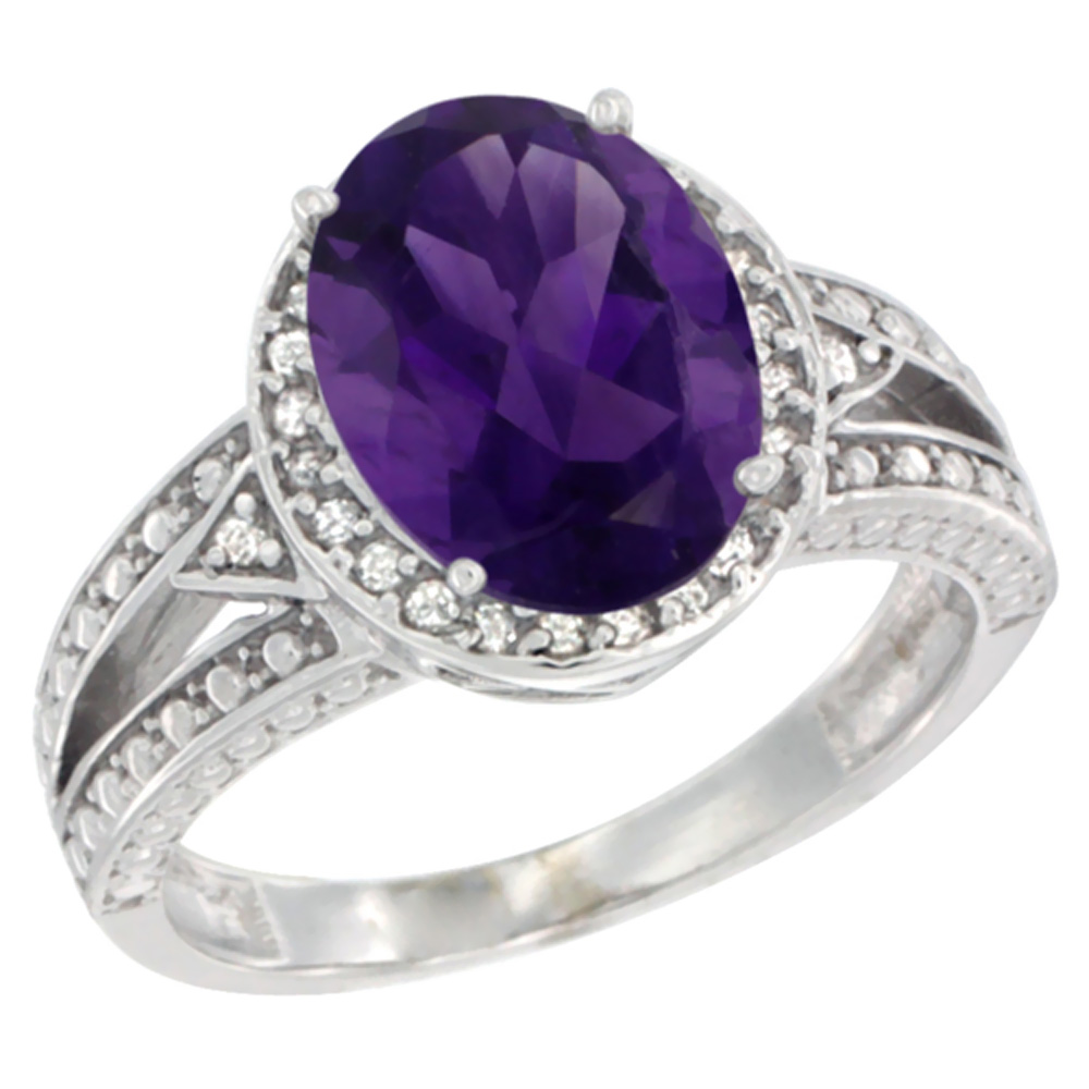 14K White Gold Natural Amethyst Ring Oval 9x7 mm Diamond Halo, sizes 5 - 10