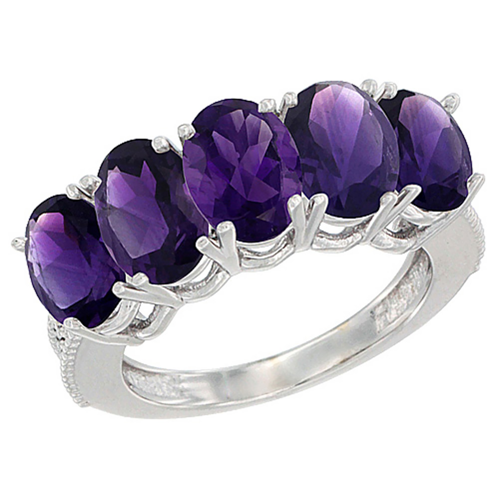 10K White Gold Genuine Amethyst 1 ct. Oval 7x5mm 5-Stone Mother's Ring with Diamond Accents sizes 5 to 10 with half sizes