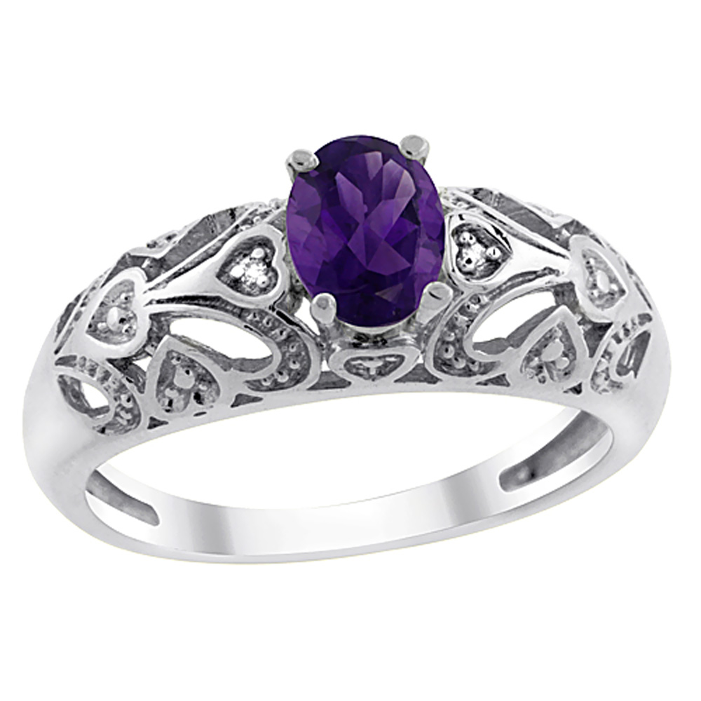 14K White Gold Natural Amethyst Ring Oval 6x4 mm Diamond Accent, sizes 5 - 10