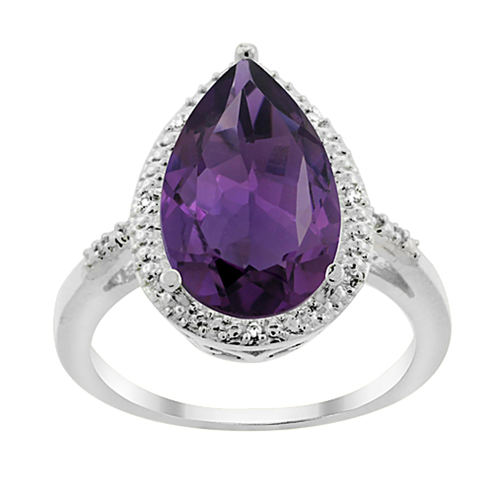 14K White Gold Natural Amethyst Ring Pear Shape 10x15 mm Diamond Accent, sizes 5 - 10