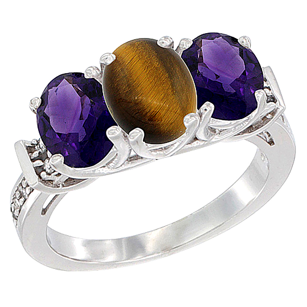 14K White Gold Natural Tiger Eye & Amethyst Sides Ring 3-Stone Oval Diamond Accent, sizes 5 - 10