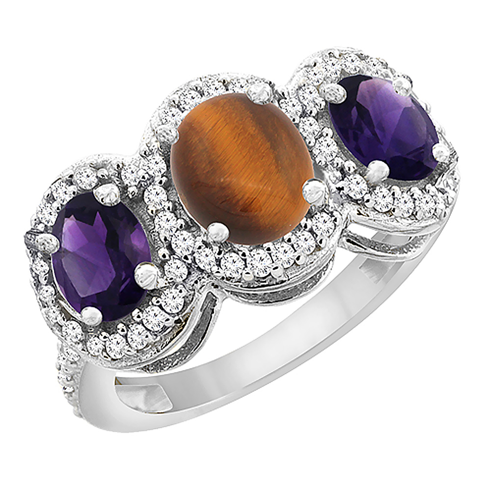 14K White Gold Natural Tiger Eye & Amethyst 3-Stone Ring Oval Diamond Accent, sizes 5 - 10