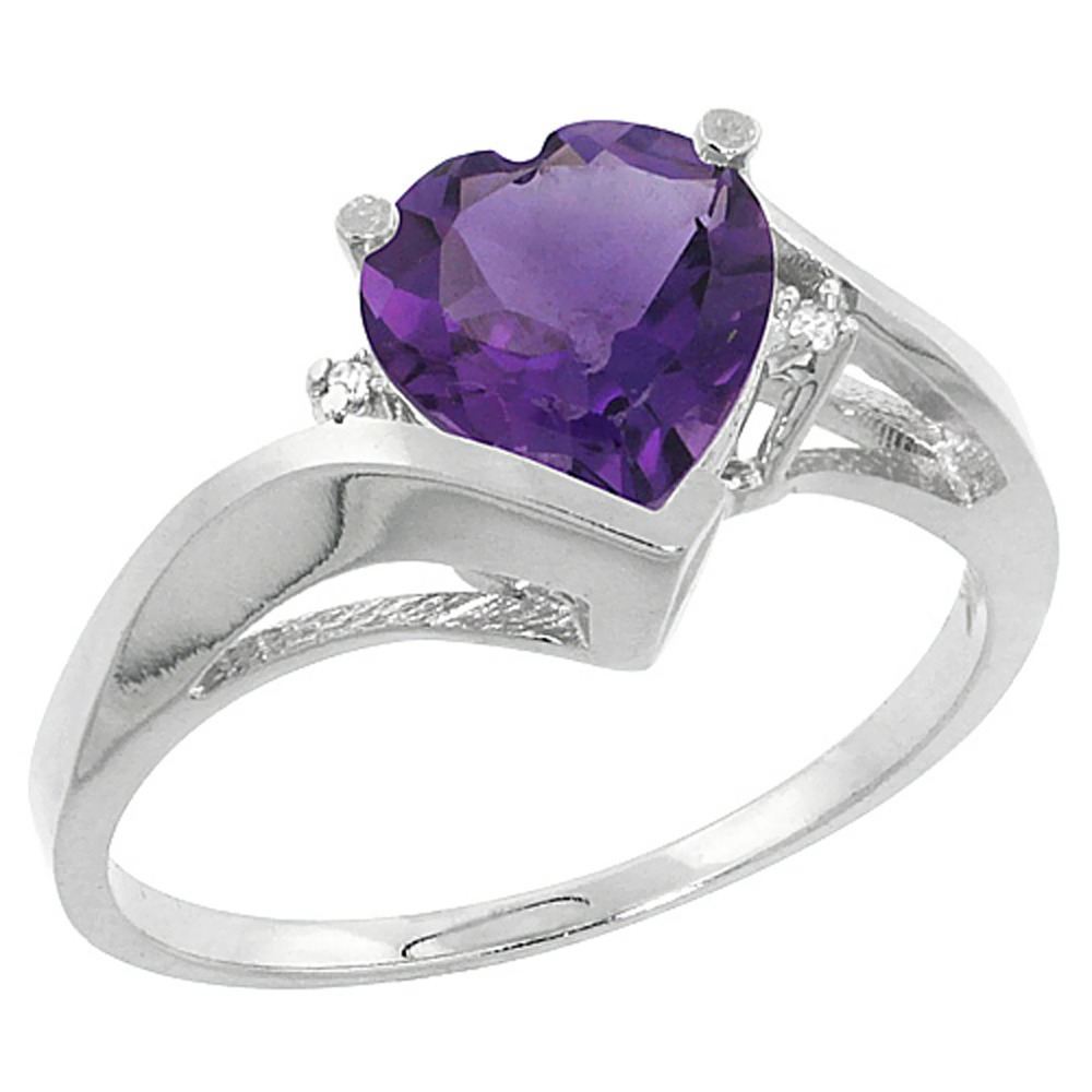 14K White Gold Natural Amethyst Heart Ring 7mm Diamond Accent, sizes 5 - 10