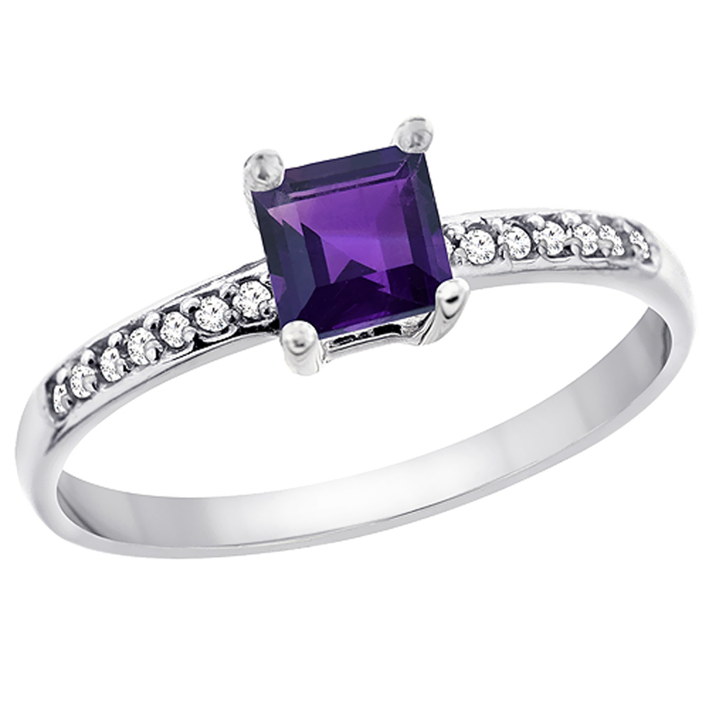 14K White Gold Natural Amethyst Ring Octagon 7x5 mm Diamond Accents