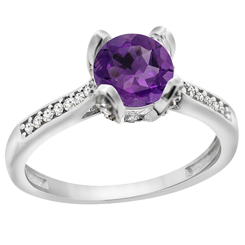 10K White Gold Diamond Genuine Amethyst Engagement Ring Round 7mm sizes 5 to 10 with half sizes
