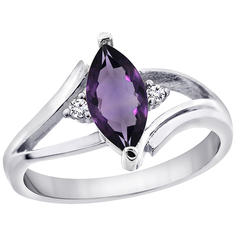 14K White Gold Natural Amethyst Ring Marquise 10x5mm Diamond Accent, sizes 5 - 10 with half sizes