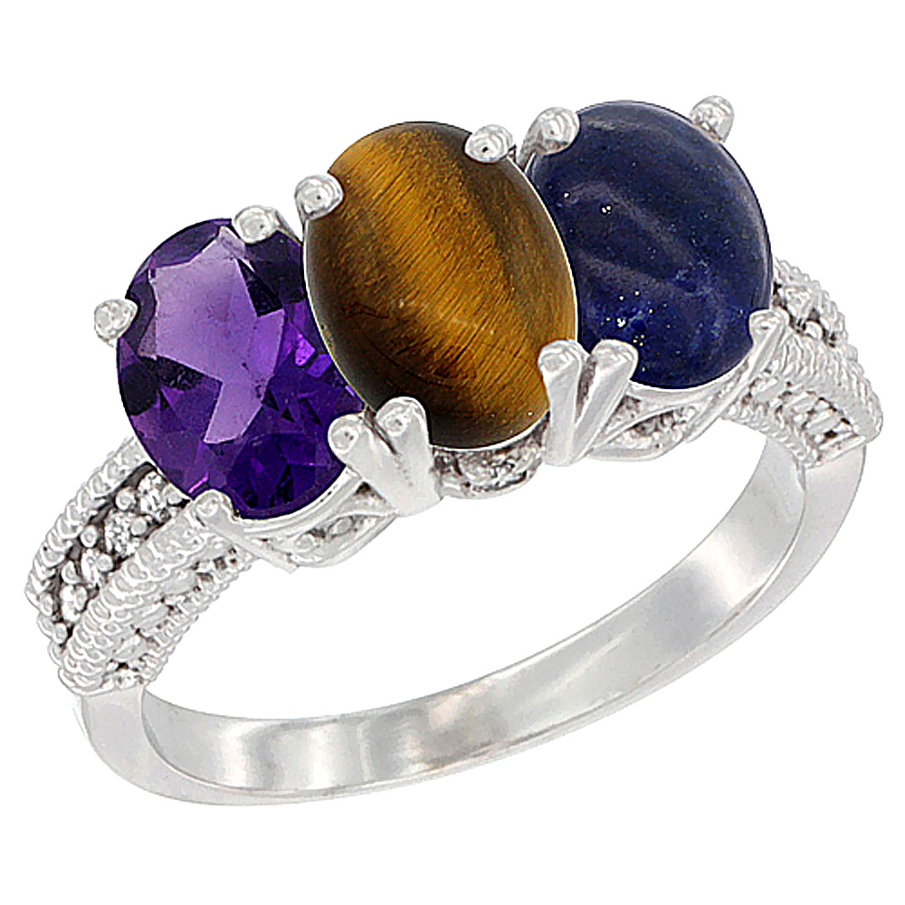 14K White Gold Natural Amethyst, Tiger Eye & Lapis Ring 3-Stone 7x5 mm Oval Diamond Accent, sizes 5 - 10