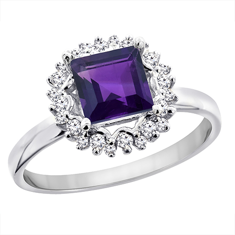 14K White Gold Natural Amethyst Ring Square 6x6 mm Diamond Accents, sizes 5 - 10