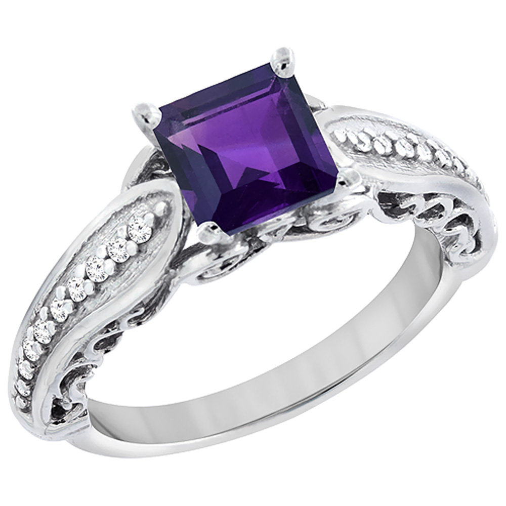 14K White Gold Natural Amethyst Ring Square 8x8mm with Diamond Accents, sizes 5 - 10