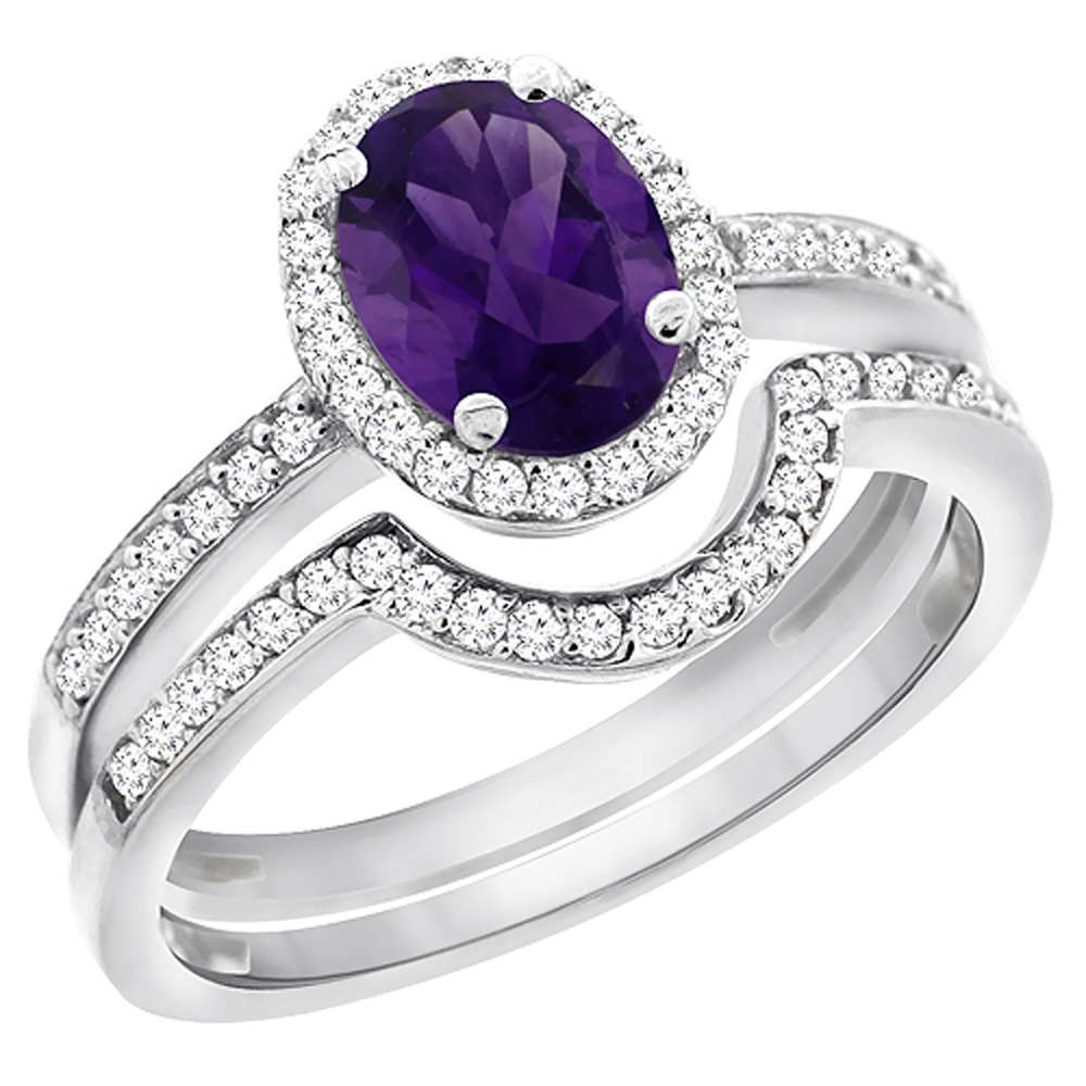 10K White Gold Diamond Natural Amethyst 2-Pc. Engagement Ring Set Oval 8x6 mm, sizes 5 - 10