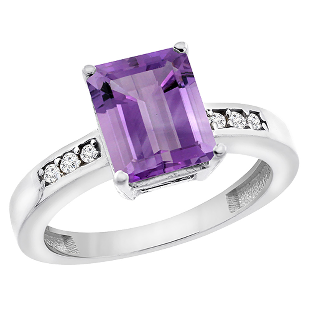 14K White Gold Natural Amethyst Octagon 9x7 mm with Diamond Accents, sizes 5 - 10