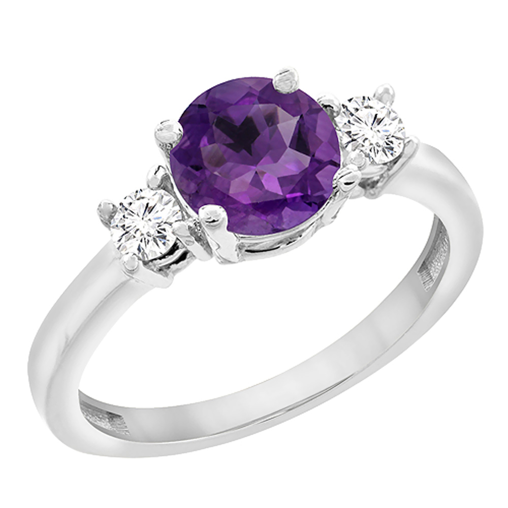 14K White Gold Diamond Natural Amethyst Engagement Ring Round 7mm, sizes 5 to 10 with half sizes