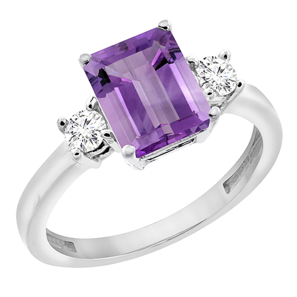 14K White Gold Natural Amethyst Ring Octagon 8x6 mm with Diamond Accents, sizes 5 - 10