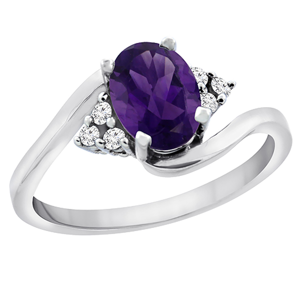 14K White Gold Diamond Natural Amethyst Engagement Ring Oval 7x5mm, sizes 5 - 10
