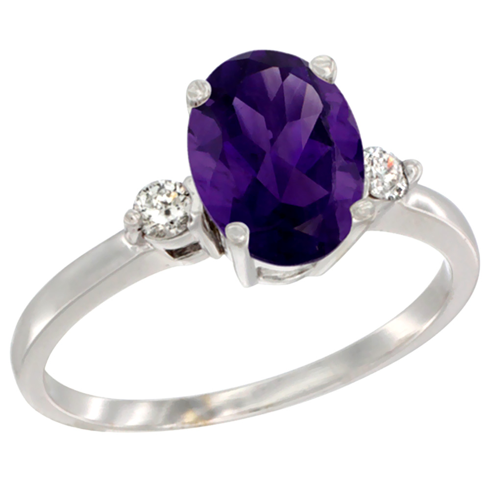 14K White Gold Natural Amethyst Ring Oval 9x7 mm Diamond Accent, sizes 5 to 10